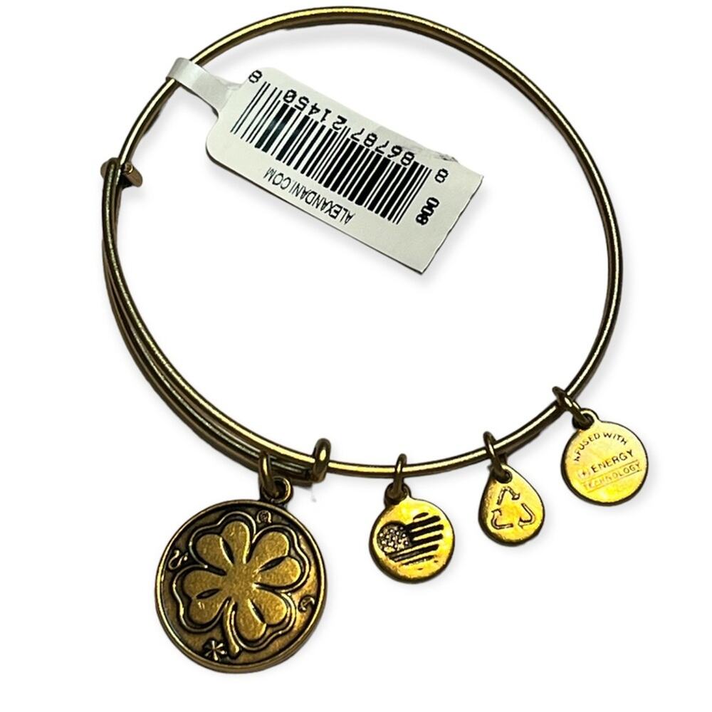 ALEX AND ANI Gold Tone Four-Leaf Clover Bangle Bracelet Lucky Expandable NWT